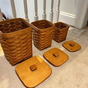 Longaberger Canister Basket Set of 3 With Lids And Liners Yr 1995 Woven Square